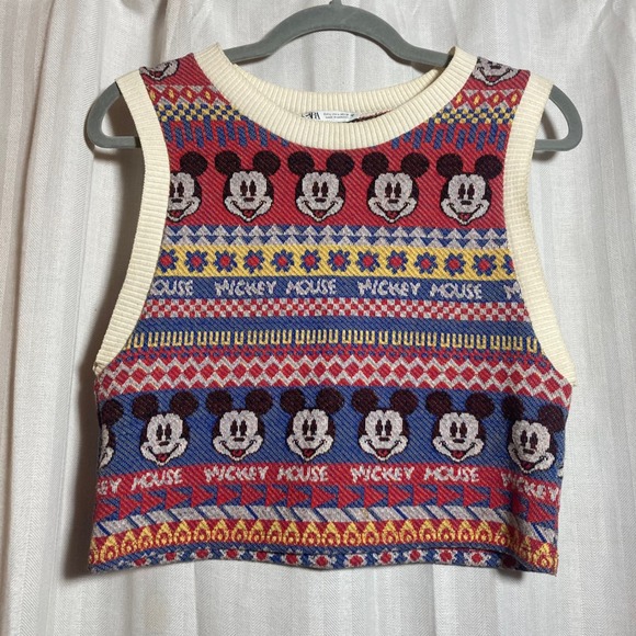 Zara Sweaters - Zara Disney Mickey Mouse Knit Sweater Vest Multi-Color Jacquard Crop L Festival